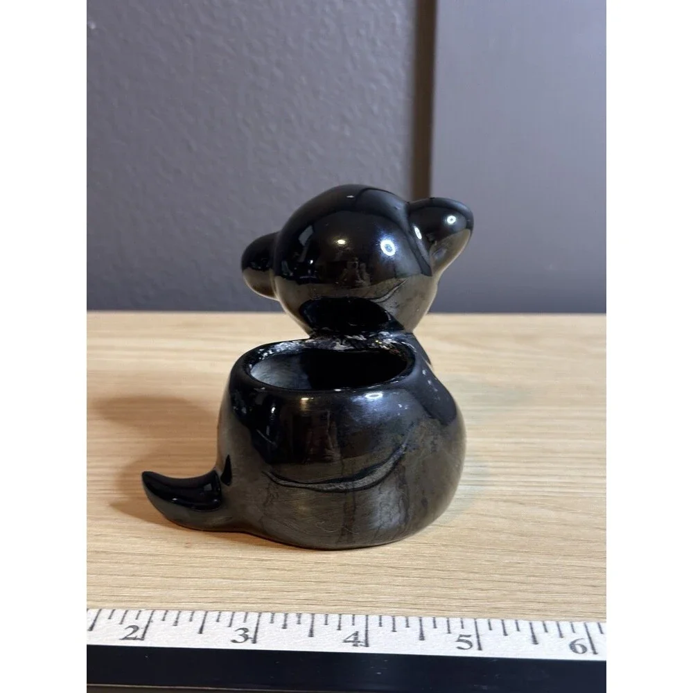 Vtg Redware Black Cat Figurine Candle Holder Kitschy Japan MCM Big Eye Halloween